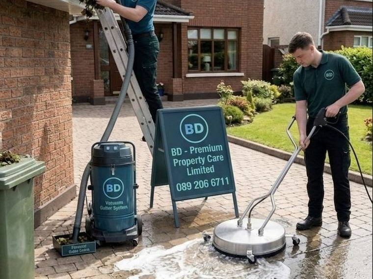 BD Premium Property Care technicians carrying out gutter clearing and driveway pressure washing in Cork