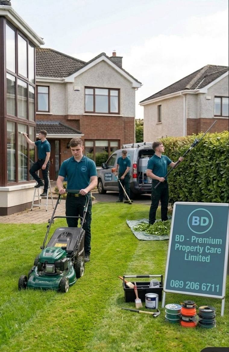 BD Premium Property Care crew mowing lawn, strimming, and carrying out grounds maintenance in Cork