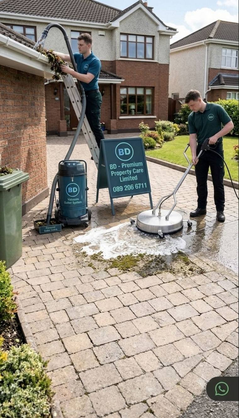 Power washing a driveway and low-level gutter clearing at a home in Cork by BD Premium Property Care