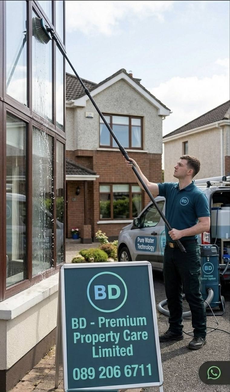 BD Premium Property Care technician cleaning external windows in Cork using a pure water-fed pole